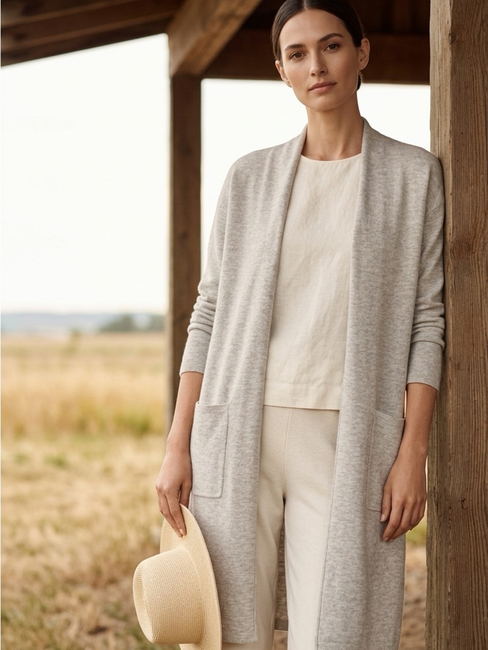 Babaton Light Gray Open-Front Long Knit Cardigan
